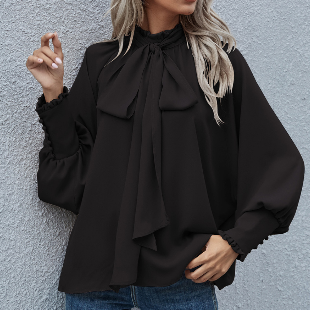 Women's Blouse - Satin Look - Loose Fit - Bow Neck - Long Sleeves