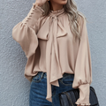 Women's Blouse - Satin Look - Loose Fit - Bow Neck - Long Sleeves