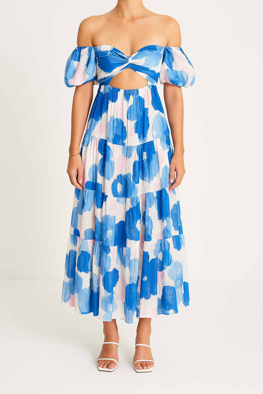 Puff Sleeve Cut-Out Waist Maxi Dress