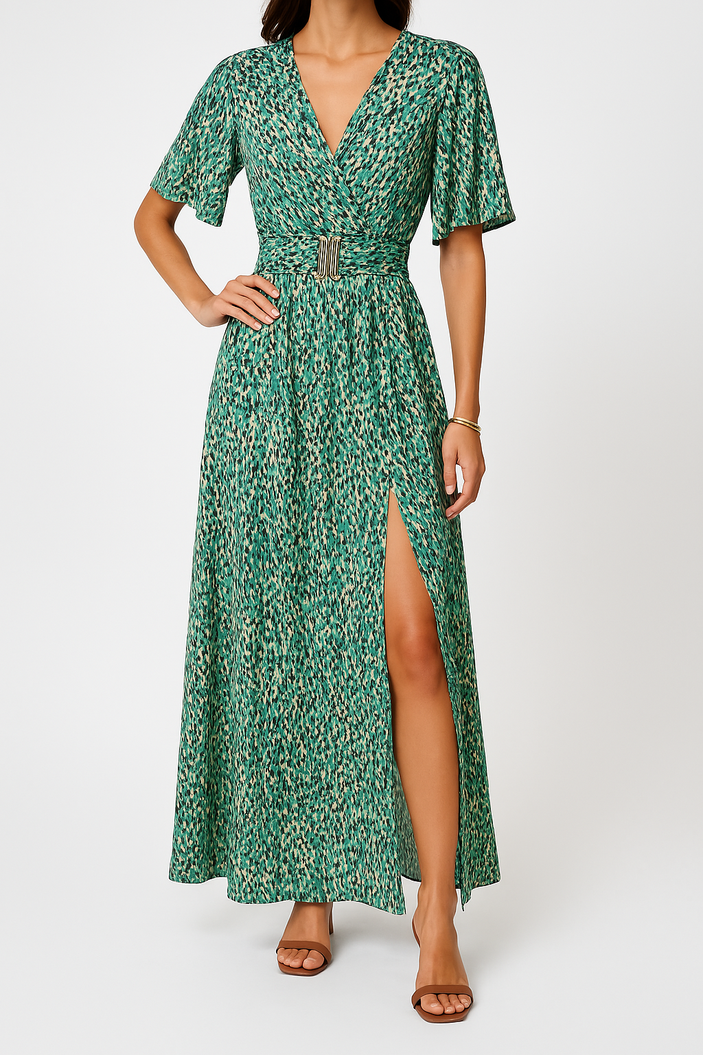 V-Neck Wrap Belted Slit Maxi Dress