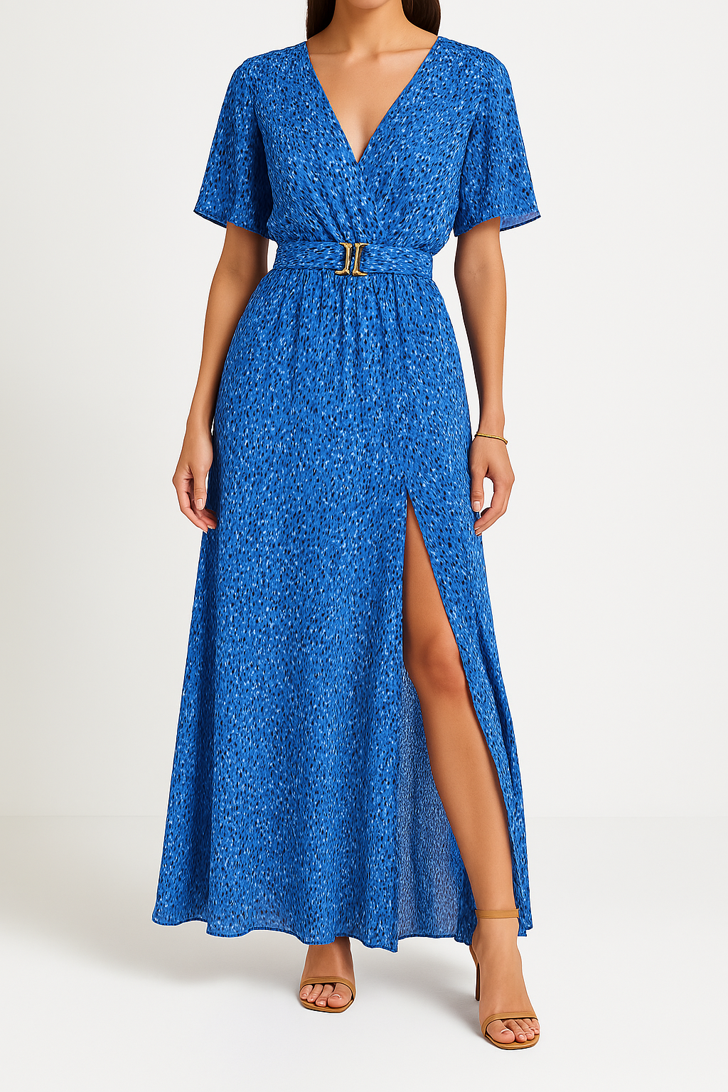 Women's Maxi Dress – V-Neck Wrap – Belt at Waist – Slit – Short Sleeves