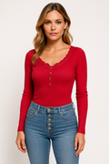 Women's Knit Sweater – Slim Fit – Ribbed Knit – U-Neck with Lace Trim – Button Closure