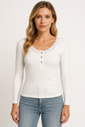 Women's Knit Sweater – Slim Fit – Ribbed Knit – U-Neck with Lace Trim – Button Closure