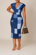 Women's Midi Dress – Slim Fit Bodycon – Patchwork Denim Look – V-Neck with Short Sleeves