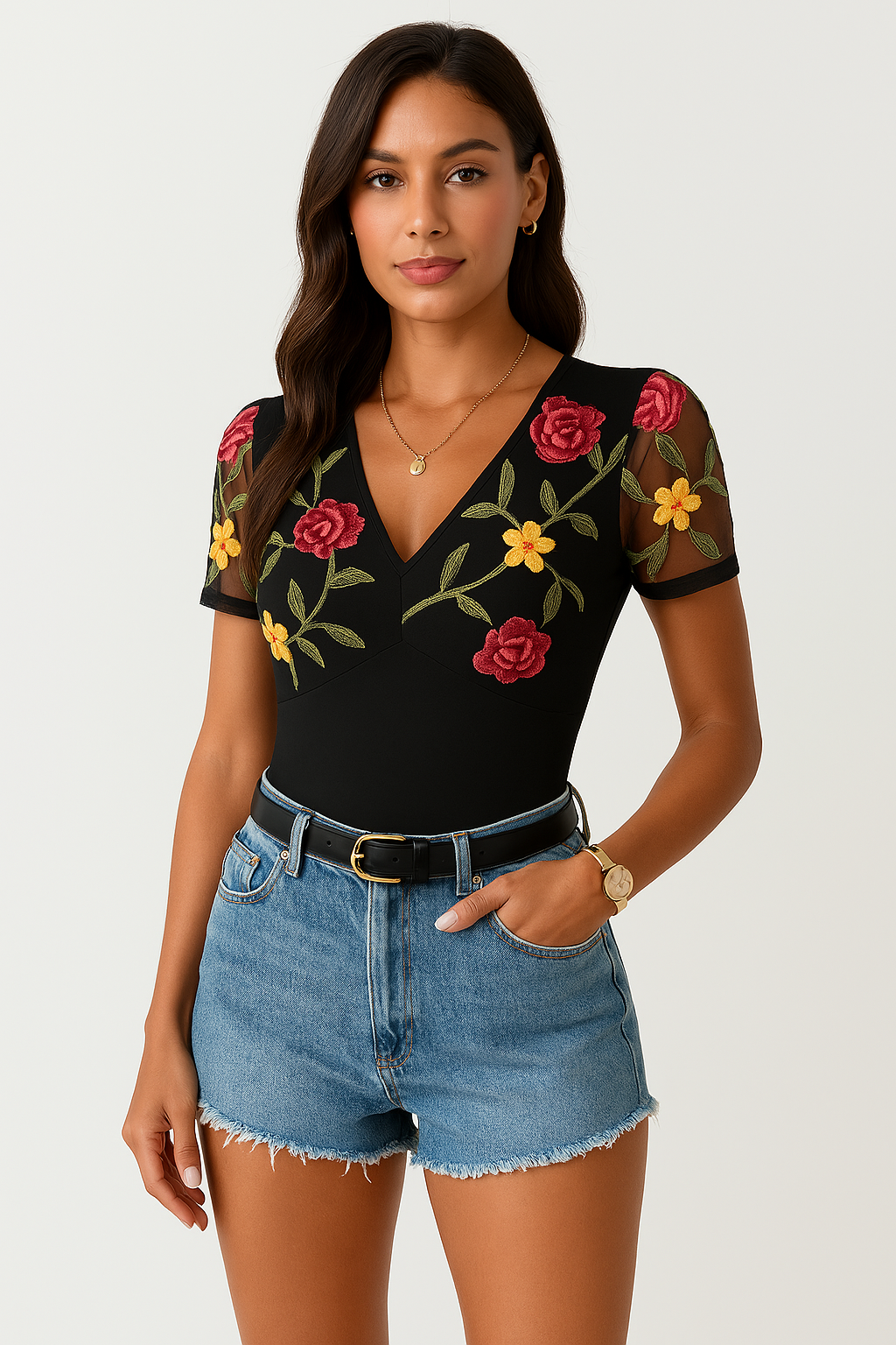 Women's Bodysuit – Slim Fit – V-Neck – Mesh Sleeves with Floral Embroidery