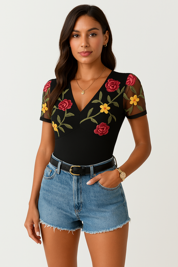 Floral Embroidered Mesh Slim Bodysuit