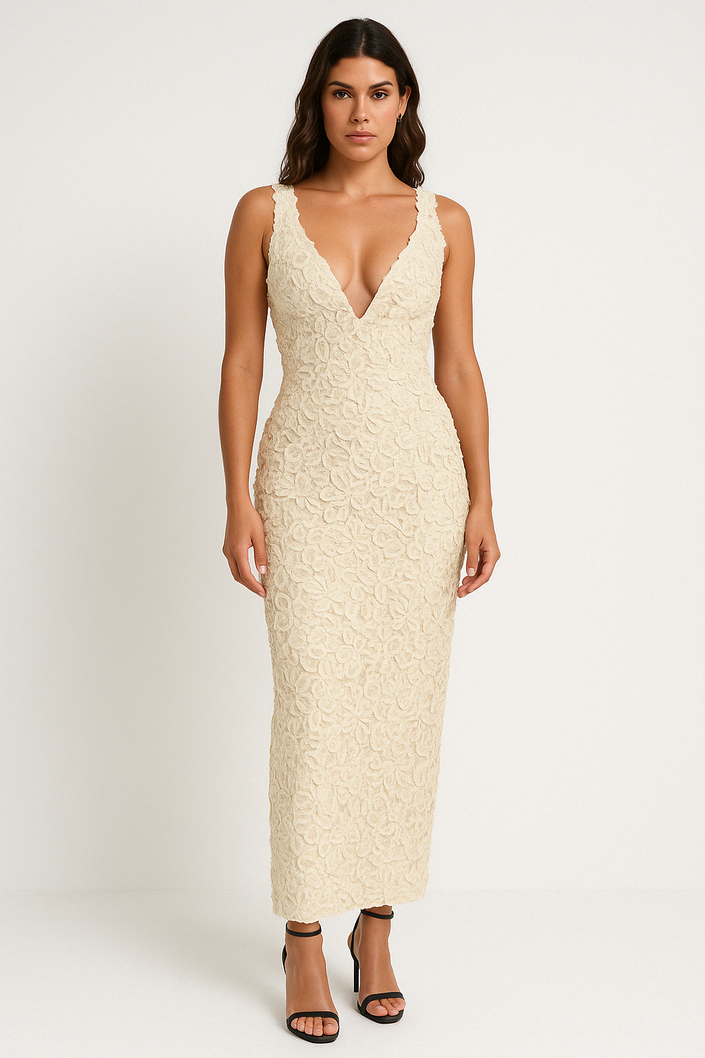 Dress for Women – Slim Fit – 3D Floral Texture – Sleeveless – Ankle-Length Party Dress