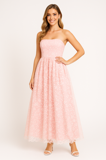 Strapless Lace Embroidered Evening Dress