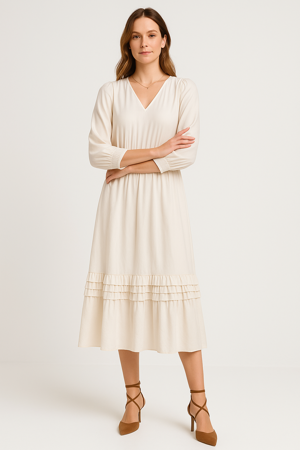 Relaxed Cotton Blend Layered Ruffle Midi Dress