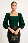 Women's Long-Sleeved Top – Slim Fit – Stretch Fabric – Square Neck – Puff Sleeves