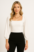 Women's Long-Sleeved Top – Slim Fit – Stretch Fabric – Square Neck – Puff Sleeves