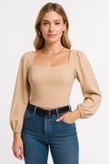 Women's Long-Sleeved Top – Slim Fit – Stretch Fabric – Square Neck – Puff Sleeves