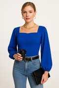 Women's Long-Sleeved Top – Slim Fit – Stretch Fabric – Square Neck – Puff Sleeves