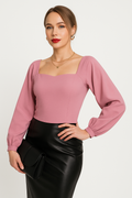 Women's Long-Sleeved Top – Slim Fit – Stretch Fabric – Square Neck – Puff Sleeves