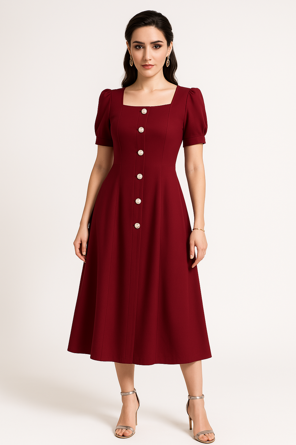 Women's Dress – Knit – Slim Fit – A-Line – Puff Sleeves – Button Closure – Midi