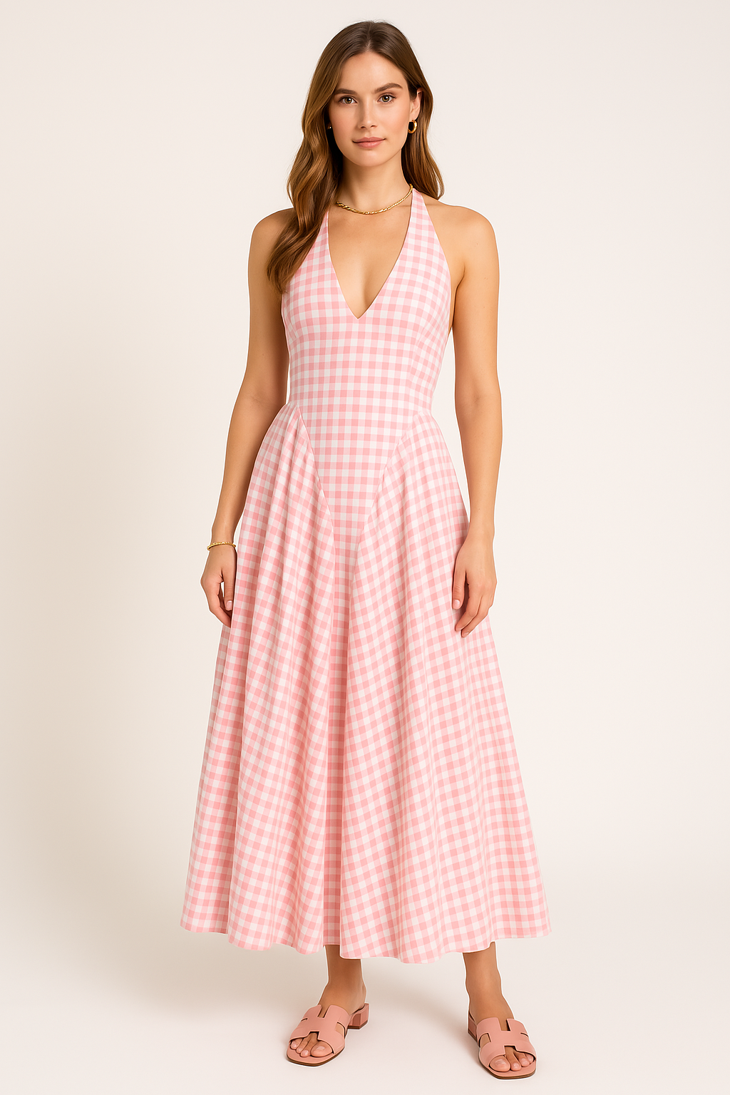 Halterneck Cotton Blend A-Line Pleated Dress