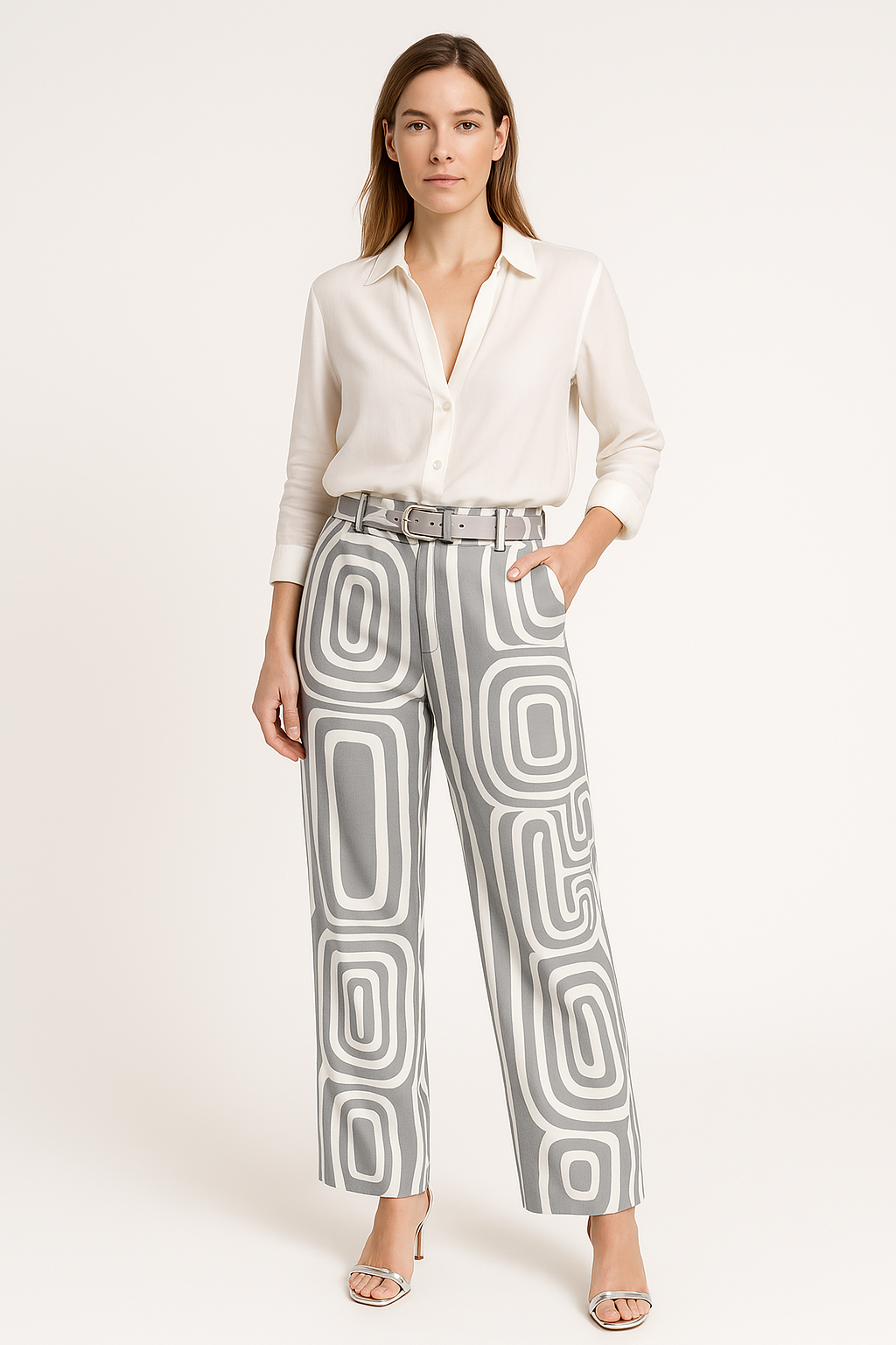 Women's Set with Blouse and Trousers – Cotton Blend – Loose Fit – Belt – Print Trousers