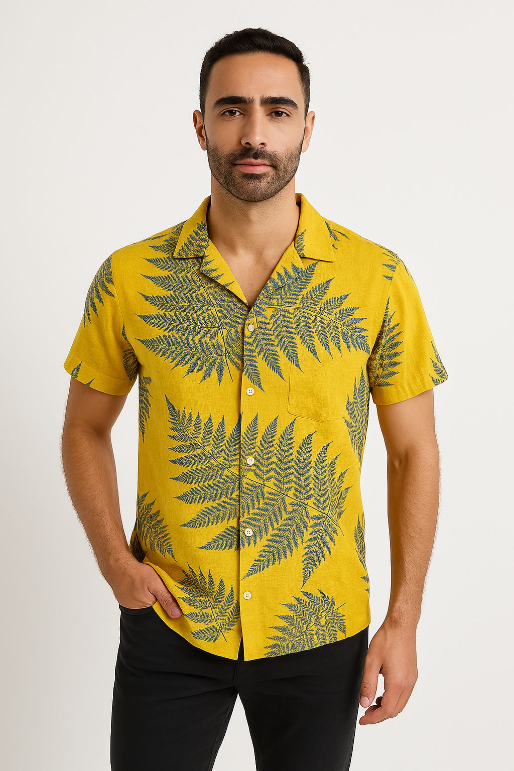 Men's Shirt with Short Sleeves – Relaxed Fit – Leaf Print – Light and Breathable