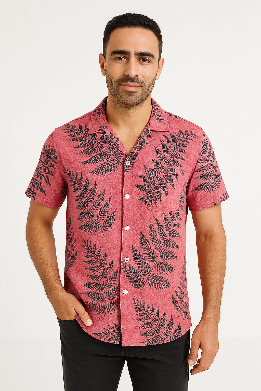Men's Shirt with Short Sleeves – Relaxed Fit – Leaf Print – Light and Breathable