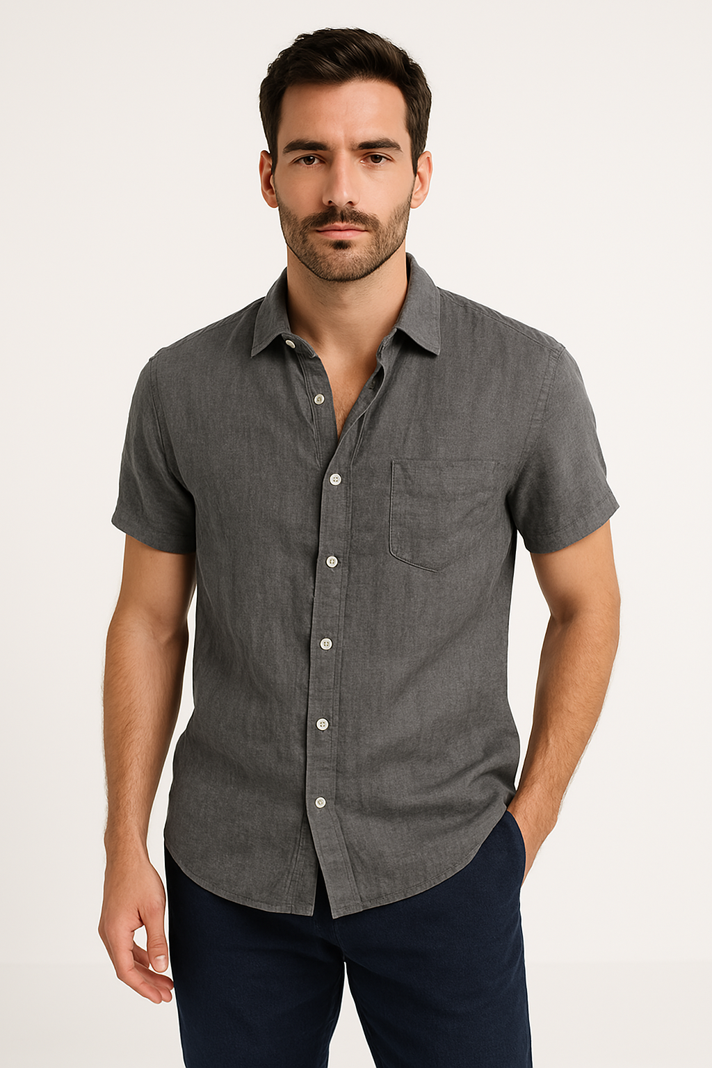 Men's Shirt – Relaxed Fit – Linen Blend – Short Sleeves – Button Closure