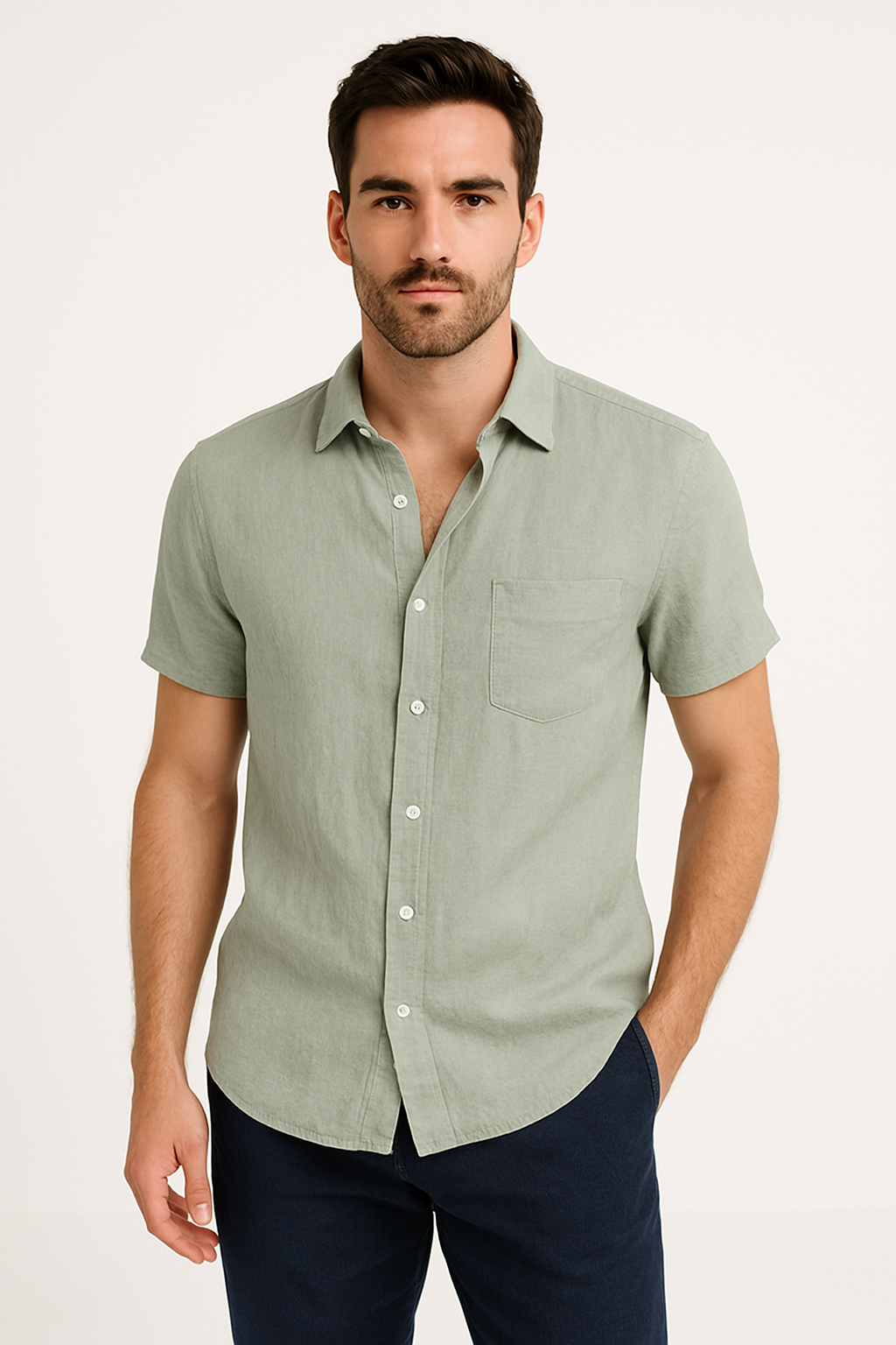 Men's Shirt – Relaxed Fit – Linen Blend – Short Sleeves – Button Closure