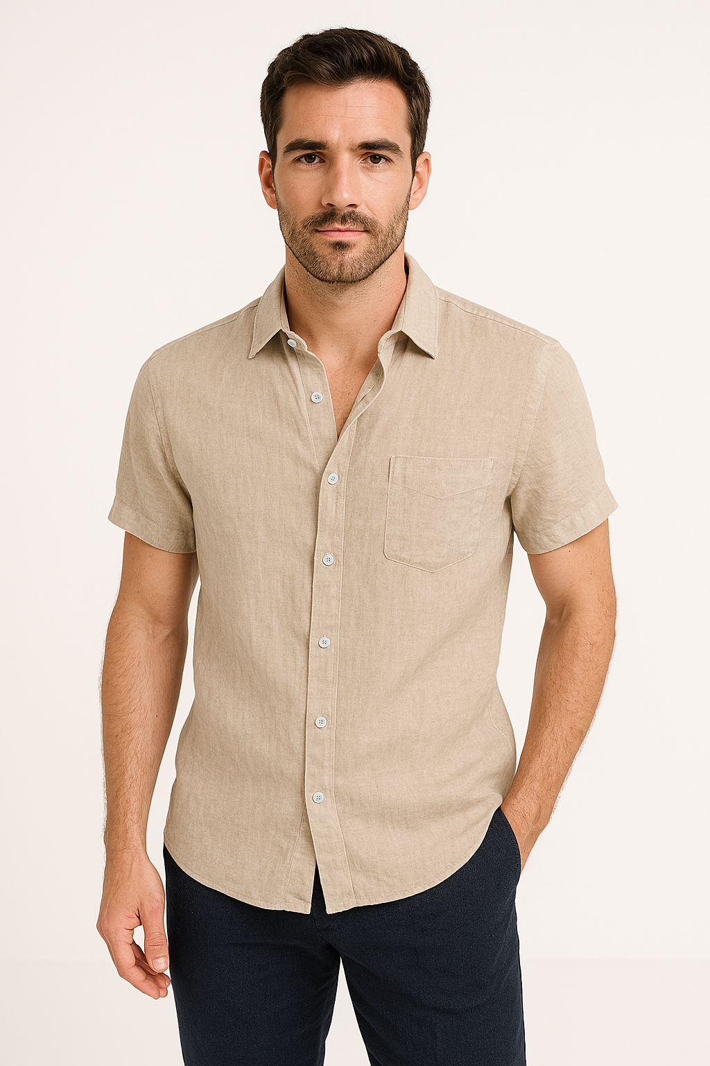 Men's Shirt – Relaxed Fit – Linen Blend – Short Sleeves – Button Closure