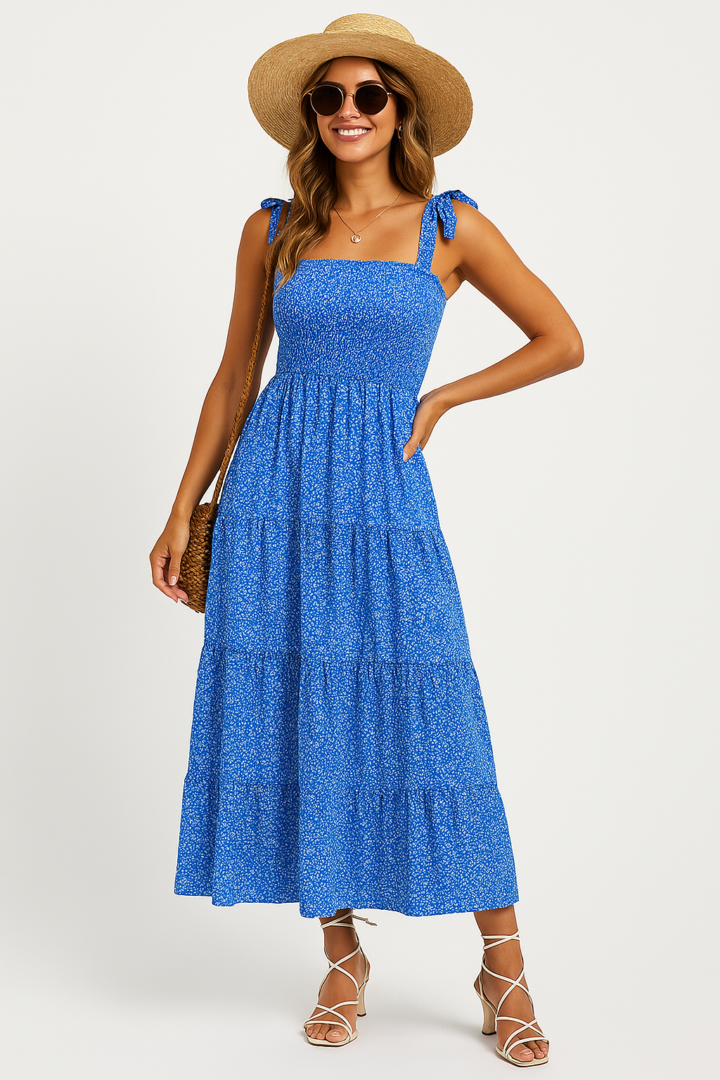 Light Cotton Tie Strap Ruffle Maxi Dress