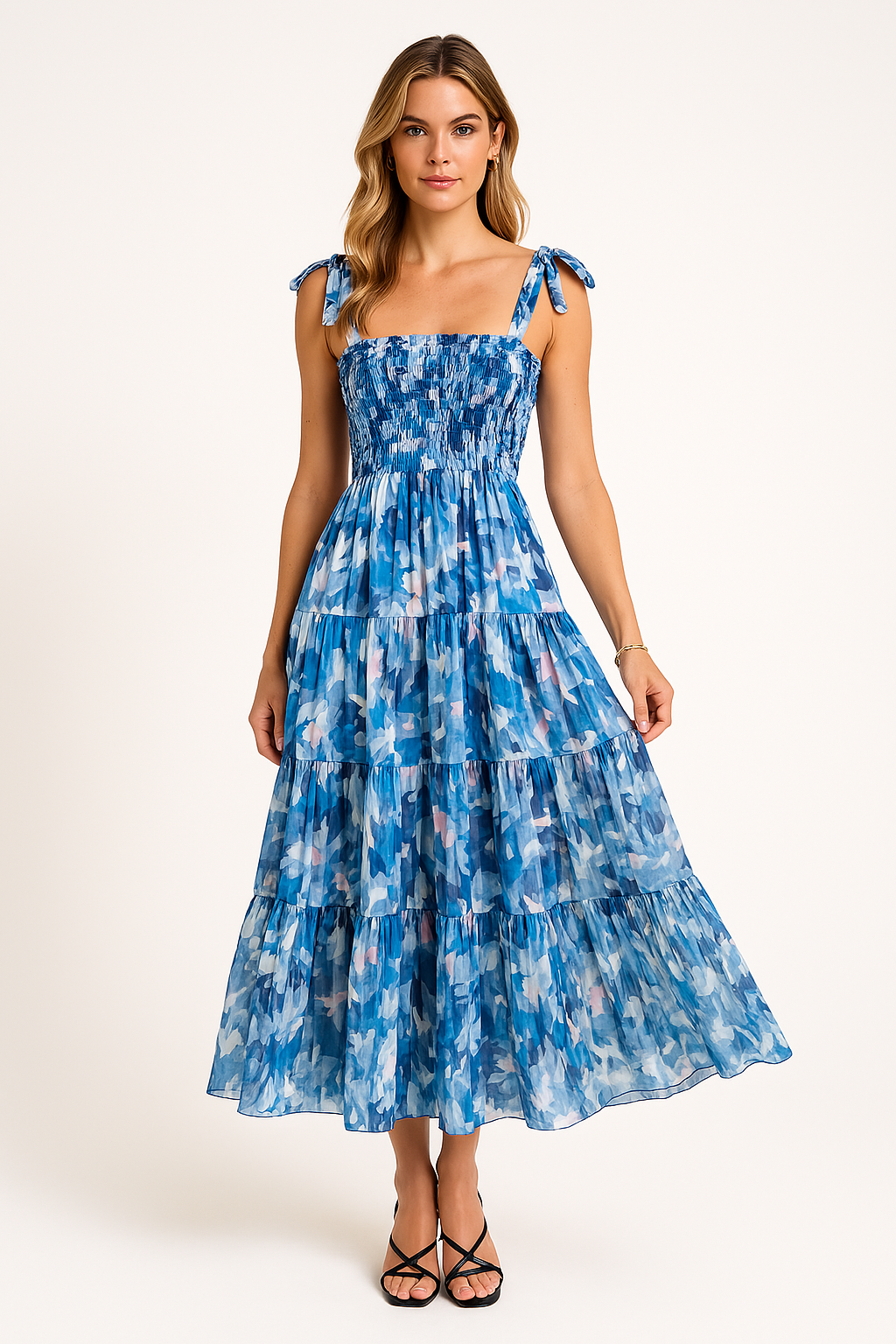 Women's Maxi Dress – Light Cotton – Shirred Bodice – Adjustable Straps – Floral Skirt