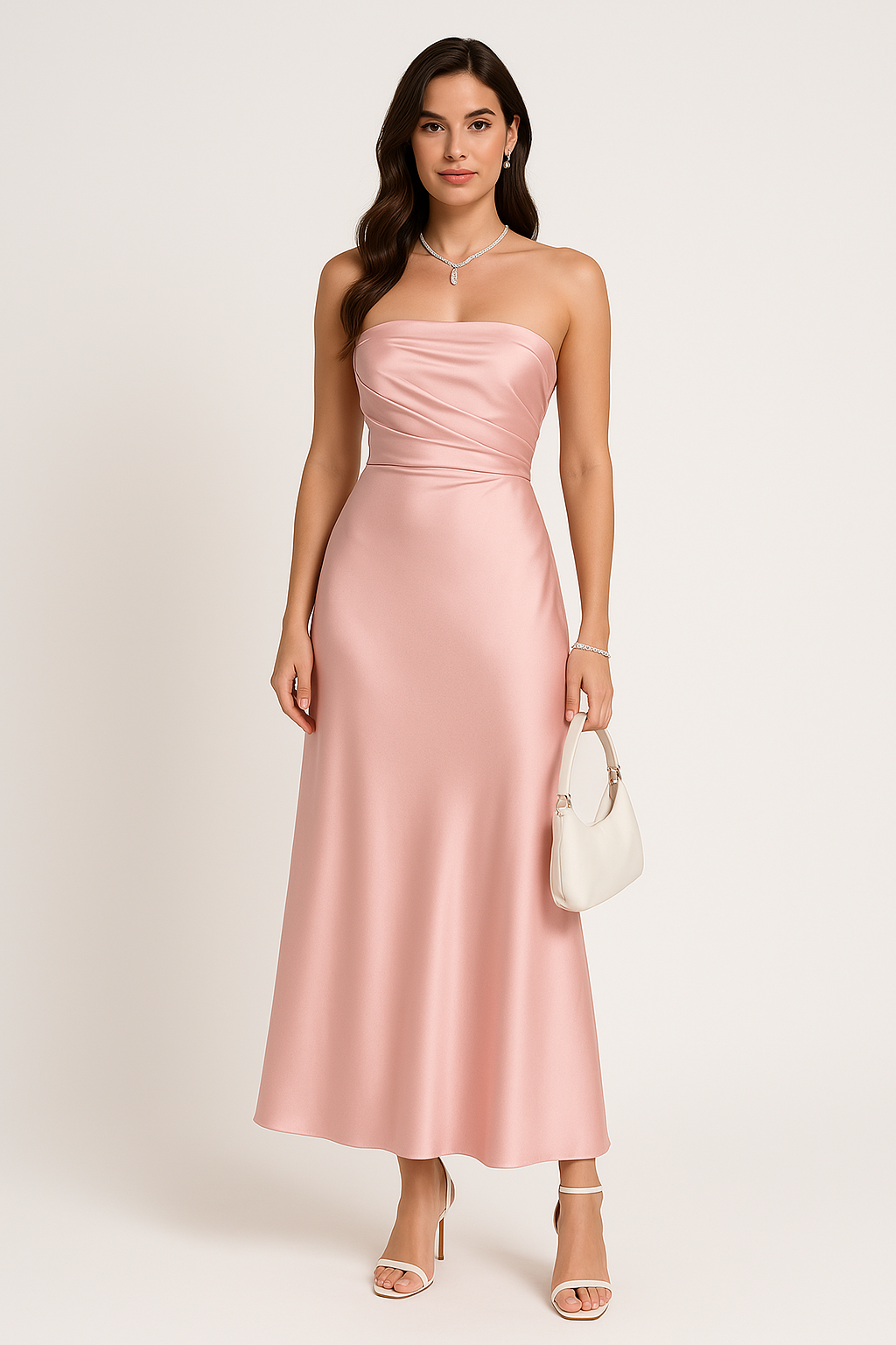 Ruched Satin Look Strapless Evening Dress