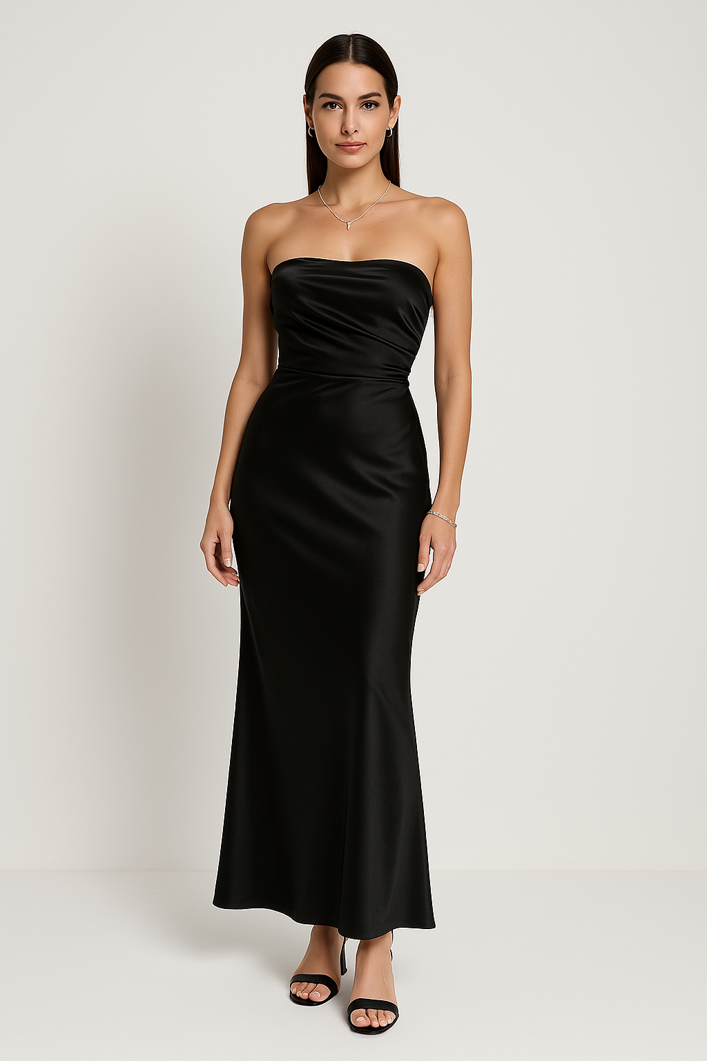 Ruched Satin Look Strapless Evening Dress