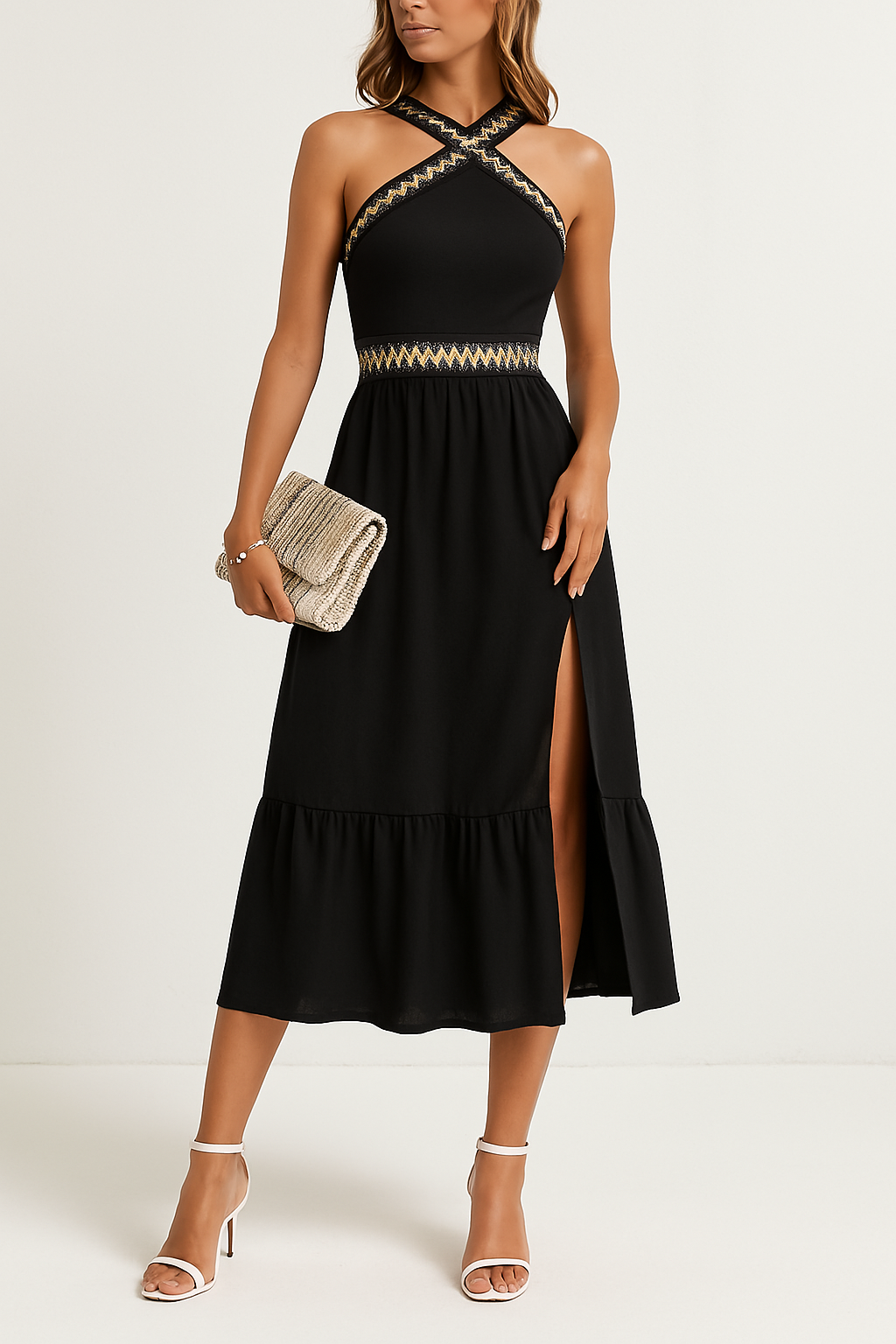 Embroidered High Slit Fitted Halterneck Dress