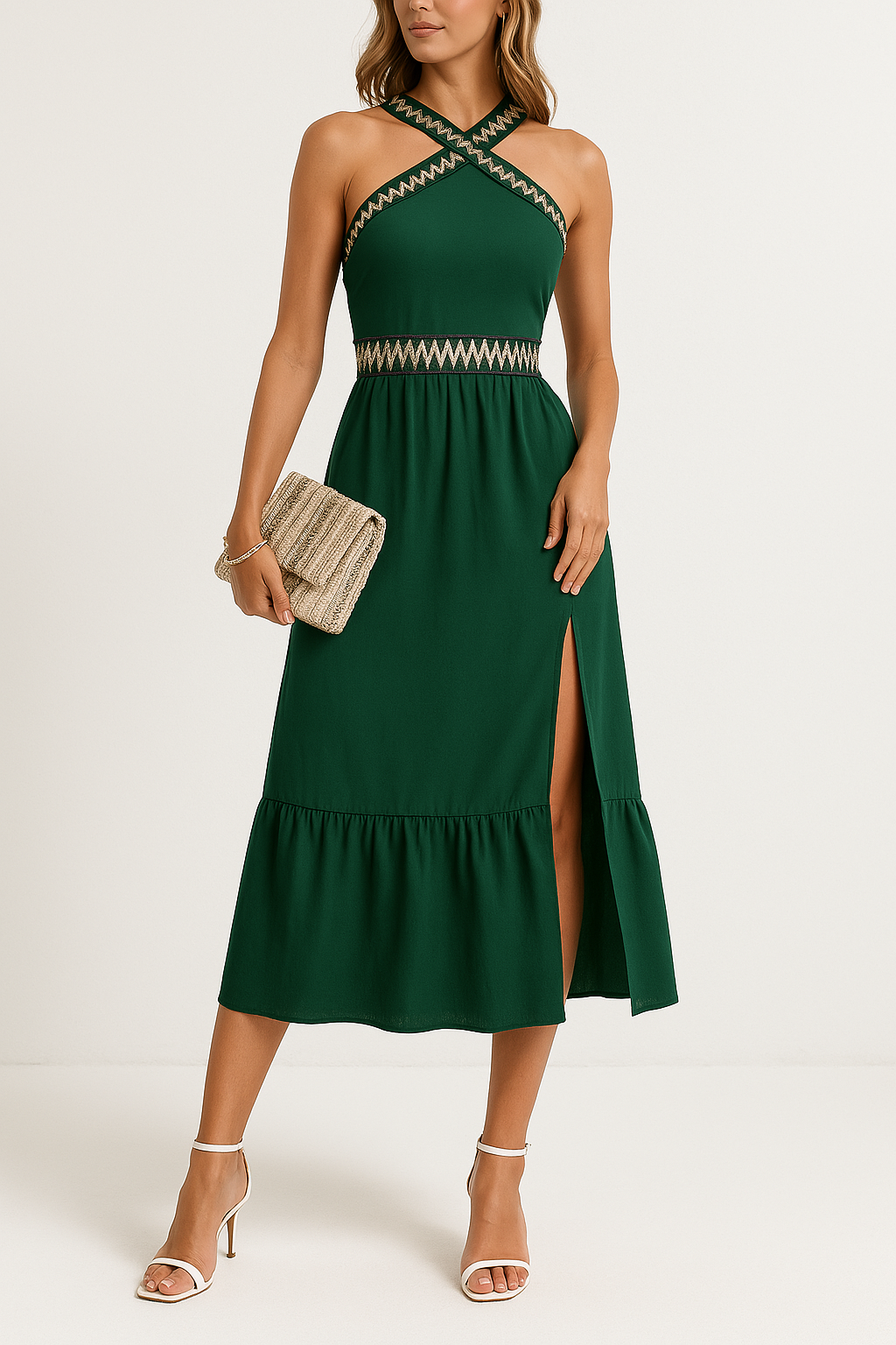 Embroidered High Slit Fitted Halterneck Dress