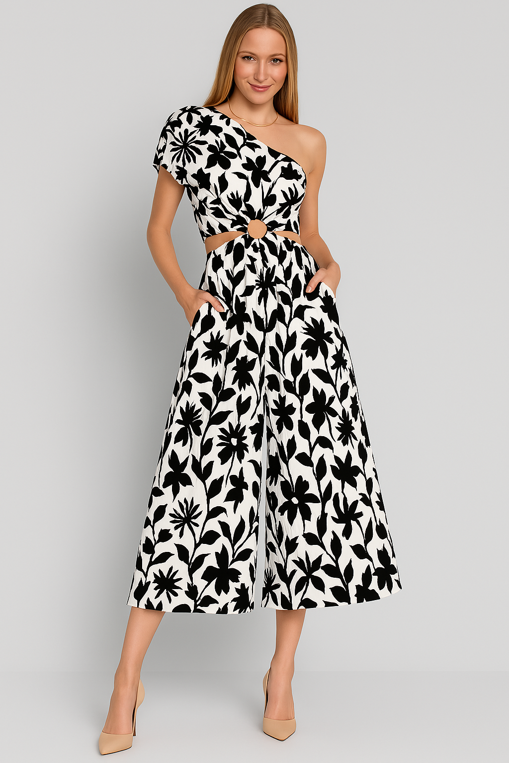 Light Cotton Blend One Shoulder Cutout Jumpsuit