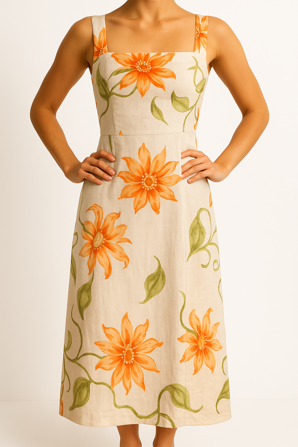 Dress for women – Long fit – Cotton – Floral print – Square neck – Open back