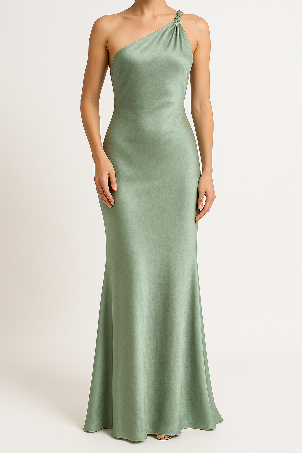 One Shoulder Draped Satin Look Evening Dress
