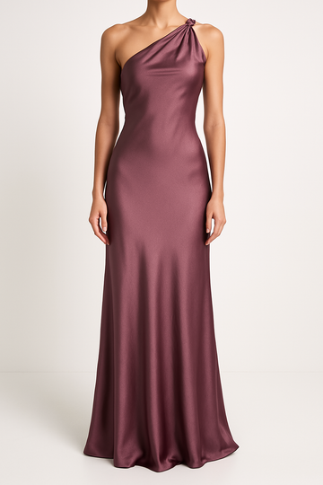 One Shoulder Draped Satin Look Evening Dress
