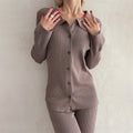 Women's Knitted Set - Ribbed Design - Cardigan with Buttons - Elastic Waist Pants