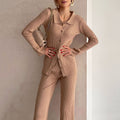 Women's Knitted Set - Ribbed Design - Cardigan with Buttons - Elastic Waist Pants