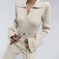 Women's Knitted Set - Ribbed Design - Cardigan with Buttons - Elastic Waist Pants