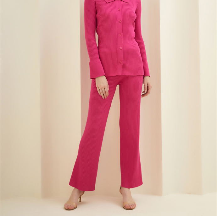 Women's Knitted Set - Ribbed Design - Cardigan with Buttons - Elastic Waist Pants