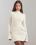 Women's Mini Dress - Fitted Design - Long Sleeves with Ruffle Details - High Neck
