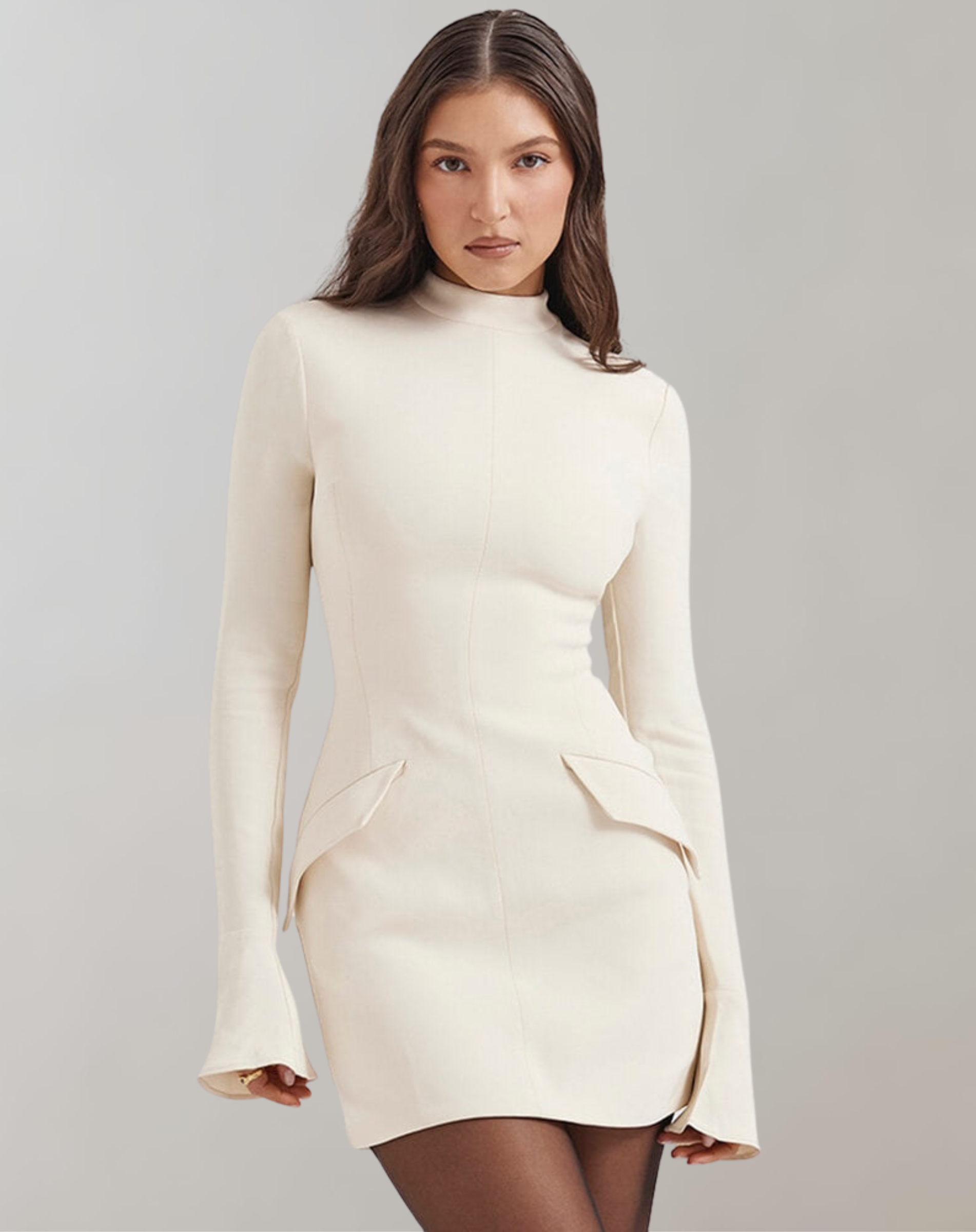 Women's Mini Dress - Fitted Design - Long Sleeves with Ruffle Details - High Neck