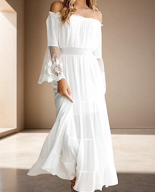 Women's Maxi Dress - Off-Shoulder - Long Sleeves with Lace - Elegant Party Dress