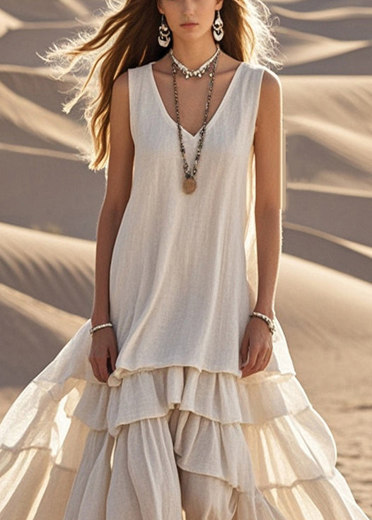 Breathable Cotton Tiered Hem Maxi Dress