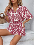 Women's Jumpsuit - Button Closure & Shirt Collar - Short Sleeves - Waistband & Print
