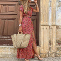Dress For Women - Maxi Dress With Paisley Pattern - V-Neck And Short Sleeves - Bohemian Look