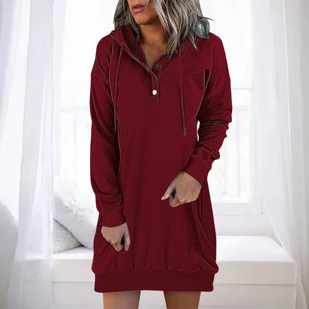 Women's Hoodie Dress - Buttoned Collar - Long Sleeve - Casual Comfort Fit