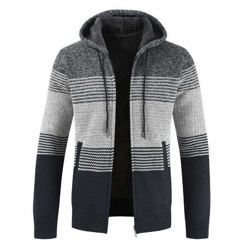 Knitted  Casual Zip Up Stripe Pattern Hoodie