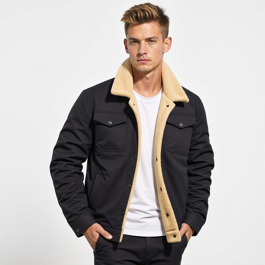 Men's Trucker Jacket - Sherpa Lined - Button Closure - Durable Material - Casual Outdoor
