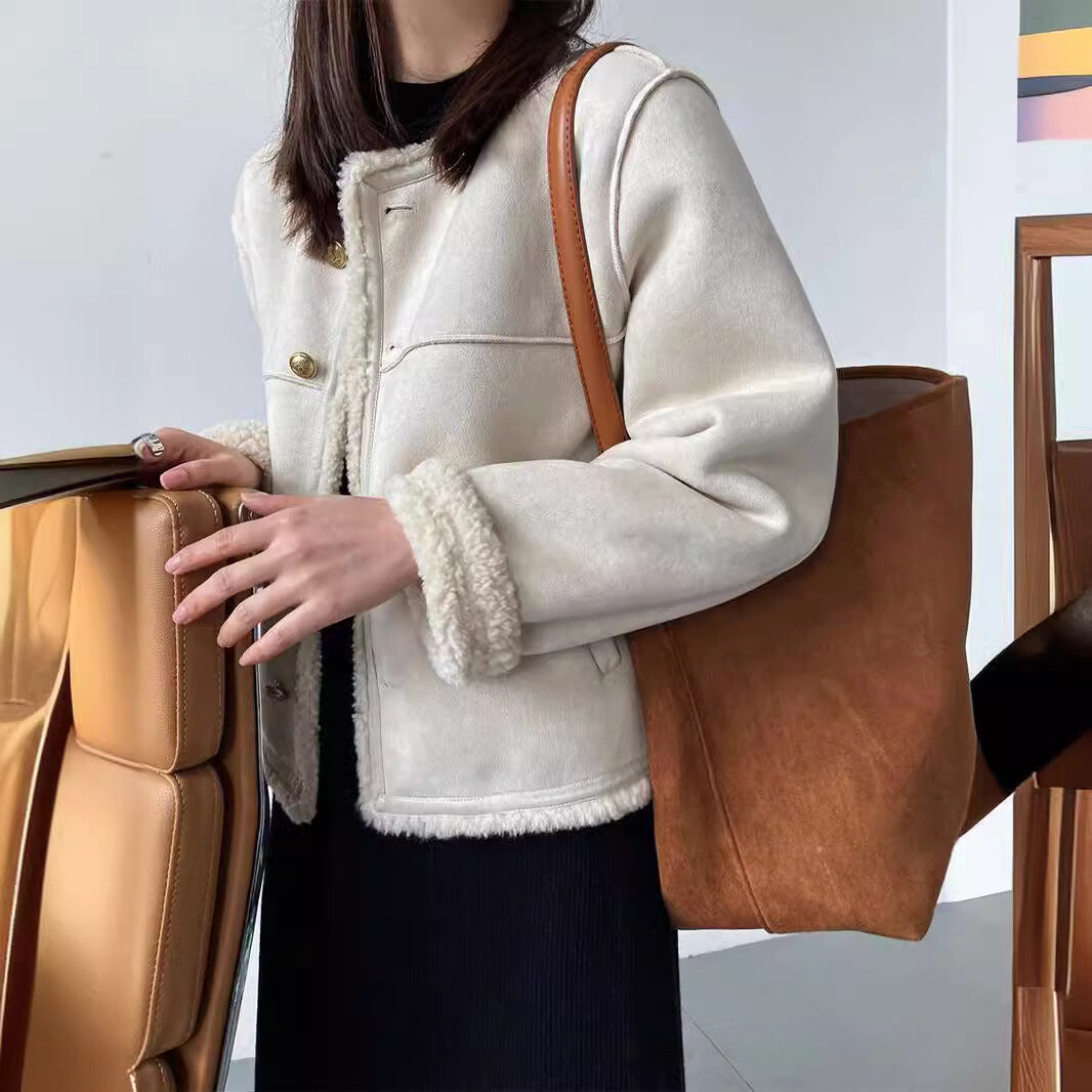 Sherpa-Lined Suede Texture Boxy Jacket
